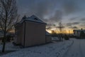 Sunrise near Ctibor and Halze villages in cold snowy morning with chapel