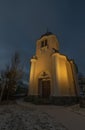 Sunrise near Ctibor and Halze villages in cold snowy morning with chapel