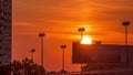 Sunrise near Donaustadt Danube City modern quarter with skyscrapers and business centres timelapse in Vienna, Austria.