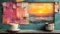 Sunrise ocean view collage coffee mugs still life Royalty Free Stock Photo