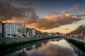 Sunrise onWellington Quay with Hapenny Bridge crossing River Liffey, Dublin, Ireland