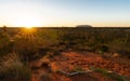 Sunrise in outback Australia with red earth plants and Uluru in the back in central Australia Royalty Free Stock Photo