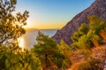 Sunrise over Aegean Sea and Mesa Vouno mountain Santorini Greece Royalty Free Stock Photo