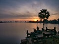 Sunrise over the ancient bathing pool of Sras Srang, part of the Angkor Archaeological Park near Siem Reap in Cambodia Royalty Free Stock Photo