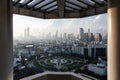 Sunrise over Bangkok city with Wongwianyai roundabout monument in business district at Thailand