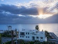 Sunrise over the Bay of Corfu Town on the Greek Island of Corfu Royalty Free Stock Photo