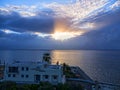 Sunrise over the Bay of Corfu Town on the Greek Island of Corfu Royalty Free Stock Photo