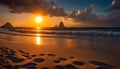 Sunrise over the beach in Mexico, beach holiday on the ocean, beautiful waves and palm trees,