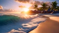 Sunrise over the beach in Mexico, beach holiday on the ocean, beautiful waves and palm trees,