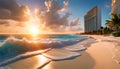 Sunrise over the beach in Mexico, beach holiday on the ocean, beautiful waves and palm trees,