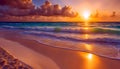 Sunrise over the beach in Mexico, beach holiday on the ocean, beautiful waves and palm trees,