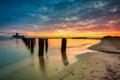 Sunrise over the beach and torpedo platform at Baltic Sea in Babie Doly, Gdynia. Poland