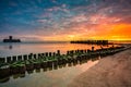 Sunrise over the beach and torpedo platform at Baltic Sea in Babie Doly, Gdynia. Poland