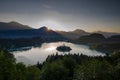 Sunrise over Bled lake with St. Marys Church of the Assumption on the small island. Bled, Slovenia, Europe Royalty Free Stock Photo