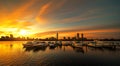 Sunrise over Boston city with boat and harbor