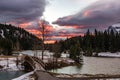 Sunrise over the bridges at Cascade Ponds. Banff National Park Alberta Canada Royalty Free Stock Photo