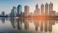 Sunrise over Business office building with water reflection Royalty Free Stock Photo