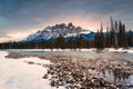 Sunrise over Castle Mountain over bow river in winter at Banff national park Royalty Free Stock Photo