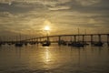 Sunrise over Coronado Bay, San Diego, California, with boats anchored near Coronado Bridge Royalty Free Stock Photo