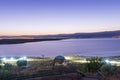 Sunrise over the Dead Sea on a foggy day. A view from Israel To Jordan Mountains. Royalty Free Stock Photo