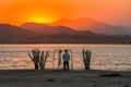 Sunrise over Dead Sea paints sky behind Jordanian mountains Royalty Free Stock Photo