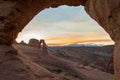 Sunrise over Delicate Arch in the Arches National Park Royalty Free Stock Photo