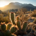 Sunrise over Desert Flora and Mountains