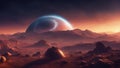 sunrise over the desert 15 near black hole, Alien planet landscape for space game background. Royalty Free Stock Photo