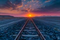 Sunrise over desert with train tracks and rocky road cutting through, AI-generated. Royalty Free Stock Photo