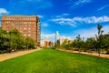 Sunrise over Gene Leahy Mall at the Riverfront Omaha Nebraska USA Royalty Free Stock Photo