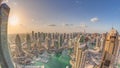 Dubai Marina skyscrapers and jumeirah lake towers view from the top aerial timelapse in the United Arab Emirates. Royalty Free Stock Photo