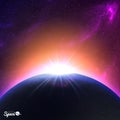 Sunrise over Earth-like planet. Colorful Space background. Vector illustration for your artwork. Royalty Free Stock Photo