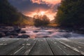 Sunrise over fast mountain river with empty wooden batten bridge. Natural template landscape Royalty Free Stock Photo