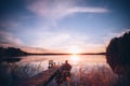 Sunrise over the fishing pier at the lake in Finland Royalty Free Stock Photo