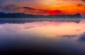 Sunrise over foggy lake in Poland. Royalty Free Stock Photo