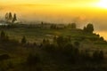 Sunrise over foggy riverbank. Fog on river side aerial view. Misty river in sunlight from above