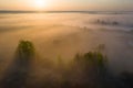 Sunrise over foggy riverside in the early morning. Summer nature in sunlight. Aerial view of misty morning. Sunny nature landscape Royalty Free Stock Photo