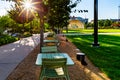 Sunrise over Gene Leahy Mall at The Riverfront in downtown Omaha Nebraska USA Royalty Free Stock Photo