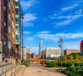 Sunrise over Gene Leahy Mall at The Riverfront Omaha Nebraska USA. Royalty Free Stock Photo