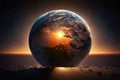 a sunrise over a globe, with the sun rising from behind the earth and illuminating it.