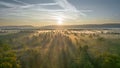 Sunrise over the Hardtwald forest near Bruchhausen on a foggy morning Royalty Free Stock Photo