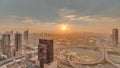 Sunrise over highway junction near media city and al barsha heights district area from Dubai marina. Royalty Free Stock Photo