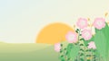 Sunrise over hill and pink flowers landscape Royalty Free Stock Photo