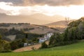 Sunrise over the hills of Santo Stefano in the province of Ancona in Italy. Royalty Free Stock Photo