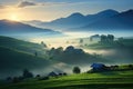 Sunrise Over Hills In Summer Rural Landscape With Cows And Farm. Generative AI Royalty Free Stock Photo