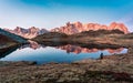 Sunrise over Lac Long with Massif des cerces reflection on the lake in Claree valley at French Alps, France Royalty Free Stock Photo