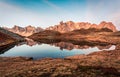 Sunrise over Lac Long with Massif des cerces reflection on the lake in Claree valley at French Alps, France Royalty Free Stock Photo