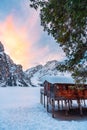 Sunrise over Lake Braies in the Italian Alps in winter, Dolomites, Trentino-Alto Adige, Italy.