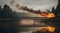 sunrise over lake A burning train on fire, exploding, that crosses a exploding bridge being blown up, over a river Royalty Free Stock Photo