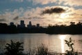 Sunrise over Lake of the Isles with Minneapolis Skyline in Silhouette